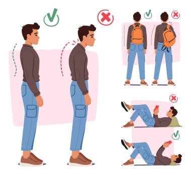 Ayakta Durmak, Okumak ve Sırt Çantası Taşımak için Erkek Uygun ve Uygunsuz Vücut Duruşlarını Gösteren Bilgi Grafikleri, Kamburlaştırma ve Kamburlaştırma veya Düz Omurga Konumları, Çizgi Film Vektör Resimleri