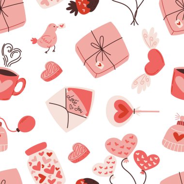 Sevgililer Günü elementleri Kalpleri, Balonları, Zarfları, Kuşları, Tatlıları ve Kupayı Sevgi ve Sevgiyi İfade Etmek İçin Sevimli Romantik Tasarım Oluşturma. Çizgi film Vektör İllüstrasyonu