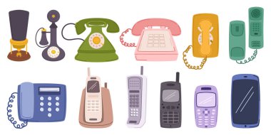 Telefon Koleksiyonu, Retro Zarafetle İletişim Evriminin Hikayesini anlatan bir dizi Vintage Rotary, Push-Buton ve Modern Dijital Modeller sergiliyor. Çizgi film Vektör İllüstrasyonu