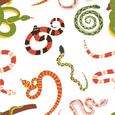 Kusursuz desensiz, büyüleyici bir dizaynla birbirine dolanmış sinsi yılanlar yaratıcı uygulamalar için görsel ve ürkütücü bir motif yaratıyor. Çizgi film Vektör İllüstrasyonu