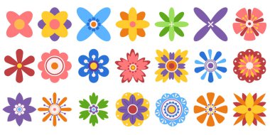 Canlı Geometrik Çiçek Başlıkları Toplama Özellikleri Büyüleyici Tasarımlar Harmanlayan Simetri ve Doğa, Şekillerin Uyumlu Füzyonu ve Yaz Çiçeği Elementleri. Çizgi film Vektör İllüstrasyonu