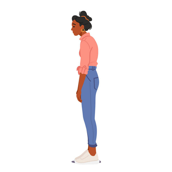 Female Character Awkwardly Slouched With Hunched Shoulders, The Figure Exhibits A Wrong Standing Body Posture, Creating A Misalignment That Hints At Discomfort And Lack Of Proper Spinal Alignment