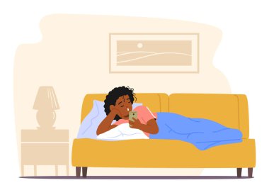 Smartphone 'a kapılmış, yatakta kozalanmış, ekranın parıltısında yıkanmış dijital dünyadan büyülenmiş, çevrelerindeki geceden bihaber çocuk karakterleri. Çizgi film İnsanları Vektör İllüstrasyonu