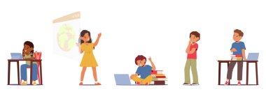 Neşeli Öğrenme, Merakı Keşfetme, Yaratıcılık Geliştirme ve Eğitim ve Keşfe Ömür Boyunca Sevgi İçin Temelli Yetenekler Artıran Çocuk Karakterler. Çizgi film Vektörü Ayarları