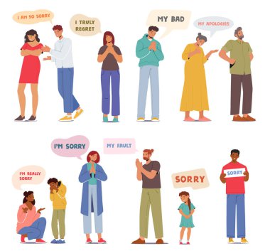 Characters Express Remorse, Saying Sorry With Sincere Tones And Regretful Eyes, Seeking Forgiveness And Understanding, Bridging Gaps With Heartfelt Apologies For Their Actions And Words. Vector Set clipart