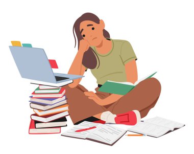 Bitkin, üzgün kız öğrenci dizüstü bilgisayarın üstüne yığılmış tehlikeli kitap yığını, akademik uğraşların talepkar doğasını ve geç saatlere kadar çalışma seanslarını gösteriyor. Çizgi film Vektör İllüstrasyonu
