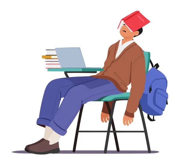 Unavený Student Dřímá Stole Notebook Otevřený Obklopen Množstvím Knih Hledá — Stockový vektor