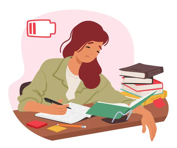 Κουρασμένη Λυπημένη Μαθήτρια Κάθεται Ανάμεσα Ένα Σωρό Βιβλία Τους Ώμους — Διανυσματικό Αρχείο
