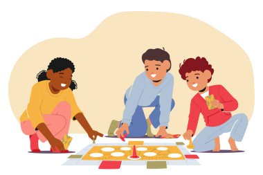 Çocuk karakterler zeminde oturur, keyifle masa oyunları oynarken havayı doldurur yüzleri renkli oyun parçalarının ve zarın yumuşak parıltısıyla aydınlanır. Çizgi film Vektör İllüstrasyonu