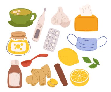 Grip tedavisi seti. Rahatlatıcı çay, mendil, limon, bal, termometre ve ilaç. Maske, zencefil, şurup şişesi ve tarçın çubuğu hızlı iyileşme için tam ilaç. Çizgi film Vektör İllüstrasyonu