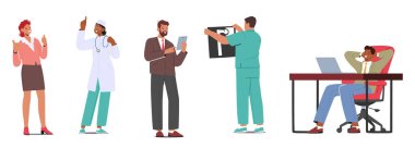 Erkek ve kadın karakterler, iş adamı, iş kadını, röntgen görüntüsü, doktor, programcı ya da dizüstü bilgisayarı olan geliştirici. Çizgi film İnsanları Vektör İllüstrasyonu