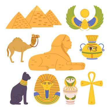 Mısır Simgeleri ve Dini Elementler Ayarlandı. Giza Piramitleri, Sfenks, Firavun Maskesi ve Güneş 'li Scarab. Cross Ankh, Camel, Jug with Eye Of Providence, Cat And Bird Urn. Çizgi film Vektör İllüstrasyonu