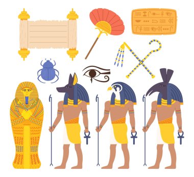 Mısır Simgeleri ve Dini Elementler Ayarlandı. Firavun Lahit, Parşömen, Hiyeroglifler, Fan ve Scarab. Tanrılar Anubis, Ra ve Seth, Tanrı 'nın Gözü ve İlah Asası. Çizgi film Vektör İllüstrasyonu