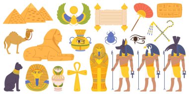 Mısır Simgeleri ve Dini Elementler Ayarlandı. Giza 'nın Görkemli Piramitleri, Sfenks, Firavun Sarcophagus ve Scarab. Parşömen, Hiyeroglifler, Haç Ankh, Anubis, Güneş Tanrısı Ra, Tanrı 'nın Gözü, Kedi ve Kuş
