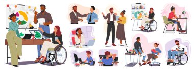 Özel Ofis Sahnesi. Çeşitli Engelli Karakterler Göstermelik Eşitliği Destekleyin. Tekerlekli sandalyeler, Uyarlamalı Aletler ve Destekleyici Meslektaşlar Dinamik Çalışma Alanı, Empatiyle Engelleri Aşmak