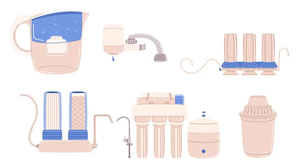 滤水器项目向量集 包括水龙头安装的滤水器 分选器滤水器和水槽系统 它们通过去除杂质来净化水 为家庭提供清洁安全的饮用水 — 图库矢量图片