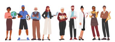 Kendini adamış öğretmenler, her biri önlerindeki akademik yolculukta hevesli öğrencilerin zihinlerini şekillendirmeye hazır bilgi ve rehberliğin ilham verici bir yol göstericisi. Çizgi film İnsanları Vektör İllüstrasyonu