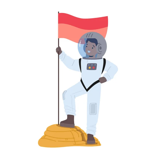 Young Astronaut Stands Proudly Alien Planet Holding Flag Determined Expression — Stock Vector