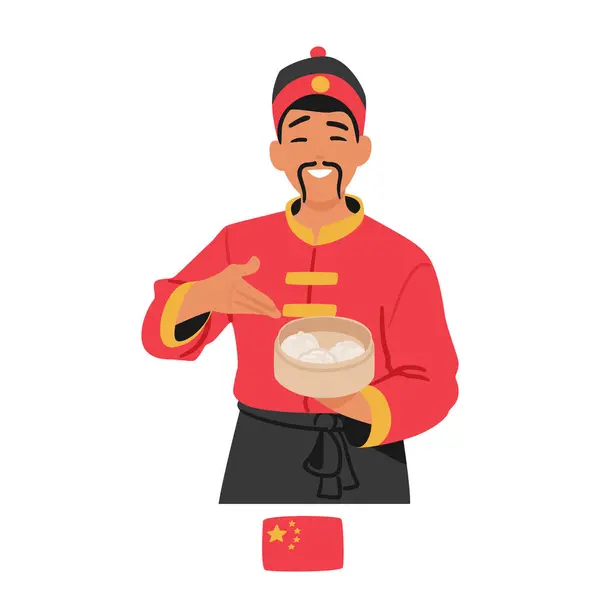 Chinese Chef Male Character Skillfully Prepares Tray Steaming Dumplings Showcasing — Stock Vector