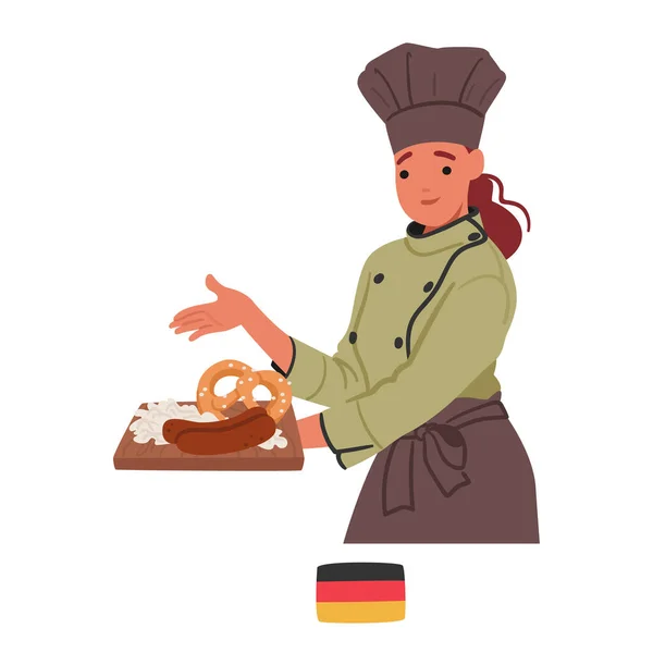 German Chef Female Character Proudly Presents Platter Sausages Freshly Baked — Stock Vector