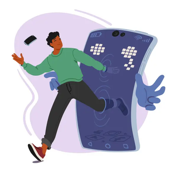 Breaking Free Smartphone Addiction Man Emerges Triumphantly Colossal Screen Casting — Stock Vector