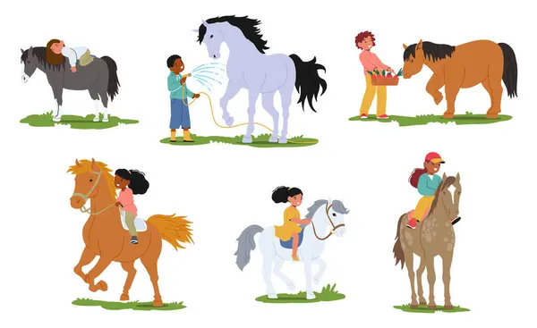 Children Gently Grooming Caring Horses Feeding Washing Riding Horseback Laughter — Stock Vector