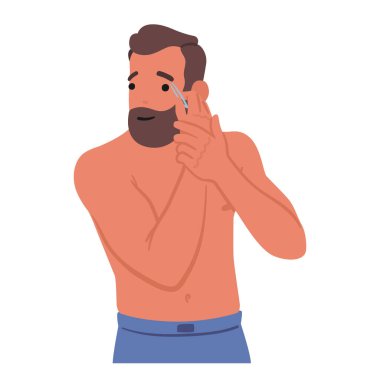 Bakım rutininde cilalı görünümü için cımbızla kaşlarını koparan, yüz estetiğini geliştiren ve erkek güzellik hizmetlerine modern yaklaşımı benimseyen erkek karakter. Çizgi film İnsanları Vektör İllüstrasyonu