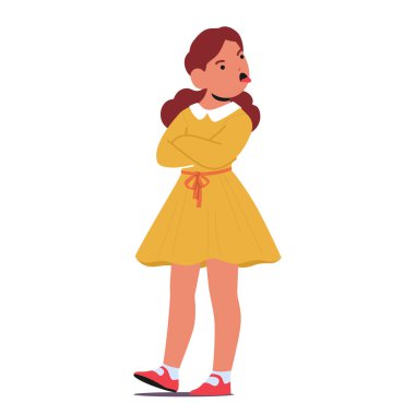 Üzgün Çocuk Kız Karakteri, hoşnutsuzluğunu ifade eder, kendini beğenmiş bir dille somurtur, hayal kırıklığını ya da bıkkınlığı yansıtır. Sözsüz jest iletişimi bir meydan okuma ya da anlaşmazlık hissi yaratır, vektör.