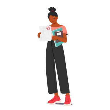 Hayal kırıklığına uğramış Öğrenci Kız Karakteri C testinin sonucunu geciktiriyor, ifadesinin ortaya çıkardığı hayal kırıklığı ve gelişmek için kararlılık karışımı. Çizgi film İnsanları Vektör İllüstrasyonu