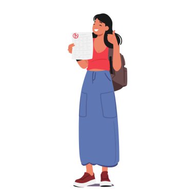 Neşeli Öğrenci Kız Karakteri gururla bir test sonucunu, ışıldayan bir gülümseme ve akademik başarı duygusuyla neşe ve başarısını sergiliyor. Çizgi film İnsanları Vektör İllüstrasyonu