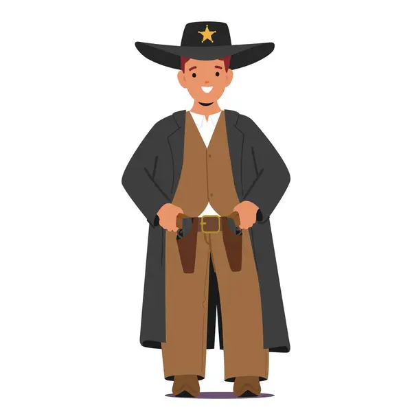 Kid Sheriff Die Cowboy Hat Badge Draagt Patrouilleert Vol Vertrouwen — Stockvector