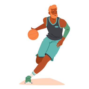 Swift Basketbol Oyuncusu Erkek Karakter Yarışması, Yoğun Odaklanma ile Becerikli Top Sürüşü. Topun ritimsel bir şekilde sekmesiyle belirsizlik her adımdan yayılıyor, zaferin yankılanan takibi