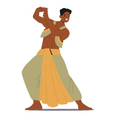 Zarif ve etkileyici Hintli erkek dansçı karmaşık ayak hareketleriyle, akıcı el hareketleriyle ve canlı kostümlü anlatım hikayeleriyle klasik veya halk danslarıyla büyülenir. Çizgi film Vektör İllüstrasyonu