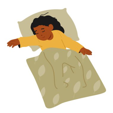 Tatlı Çocuk, yumuşak battaniyeye sarılı, yatakta huzur içinde uyuyor. Merak ve masumiyetle dolu bir dünyada macera hayalleri kuran küçük siyah bir kız. Çizgi film İnsanları Vektör İllüstrasyonu