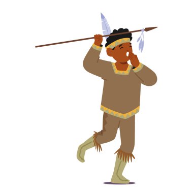 Geleneksel Amerikan Yerlisi Üniformalı Çocuk Karakteri. Deri, desenler ve tüylerle süslenmiş. Küçük bir mızrak, Kültür Mirasını Otantiklik ve Cazibeyle Yansıtan Topluluğu Tamamlıyor