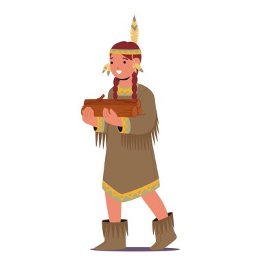 Orman Taşıyan Amerikan Yerlisi Kız. Geleneksel kabile kıyafetli çocuk, el yapımı boncuklarla süslenmiş ve püslenmiş süet, Dünya Tonları ve Tüylü Saç bandıyla süslenmiş. Vektör İllüstrasyonu