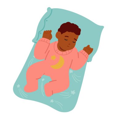 Sevimli Çocuk Yatakta Huzur İçinde Uyuyor, Pembe Pijamalı Küçük Siyah Bebek Odada Tatlı Tatlı Rüya Görüyor, Rüyaların Rahatlığı 'na Sarılmış. Çizgi film İnsanları Vektör İllüstrasyonu