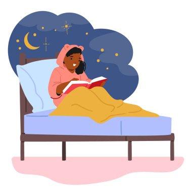 Konforlu yatakta okuyan küçük bir kız karakter, bir kitapla büyülenmiş çocuk, hayal dünyasına dalmış, sayfalara ışık saçan yumuşak bir ışık. Çizgi film İnsanları Vektör İllüstrasyonu