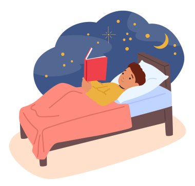 Çocuk karakteri, sıcak bir örtüye sokulmuş, büyüleyici sayfalar tarafından büyülenmiş, hayal gücü sıcacık rüyalara sarılmış bir şekilde uçuyor. Çizgi film İnsanları Vektör İllüstrasyonu