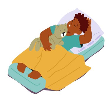 Küçük siyah çocuk renkli bir minderde huzur içinde uyuyor, sessiz sınıfta en sevdiği oyuncağına sarılıyor. Uyuyan Çocuk Karakterli Huzurlu Sahne Öğleden Sonra Rahatlayın. Çizgi film İnsanları Vektör İllüstrasyonu