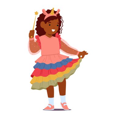 Pembe ve Gökkuşağı Tek Boynuzlu At Elbisesi Giyen Sevimli Kız Karakteri, Elinde Asa, Büyüleyici bir cazibeyle Büyülüyor, Büyüleyici Kaprisli Zarafet ve Çocukluk Harikası. Çizgi film İnsanları Vektör İllüstrasyonu