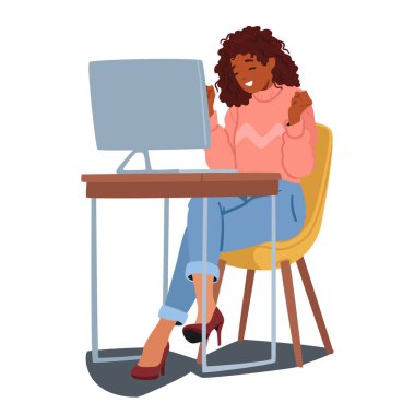 PC Monitor 'daki neşeli kadın karakter ehliyet sınavını başarıyla geçerken kendine güven yayıyor, başarısını yansıtan ışıl ışıl bir gülümseme. Çizgi film İnsanları Vektör İllüstrasyonu