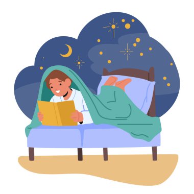 Yatağa kıvrılmış, bir kitaba dalmış, hayal dünyasına dalmış, kelimelerin ve hikayelerin büyüsüne kapılmış küçük çocuk. Çizgi film İnsanları Vektör İllüstrasyonu