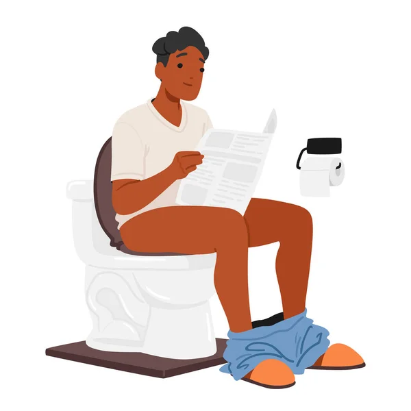 Erkek Karakteri Sabah Ritüeli Adam Tuvalete Oturur Kendini Gazeteye Kaptırır — Stok Vektör