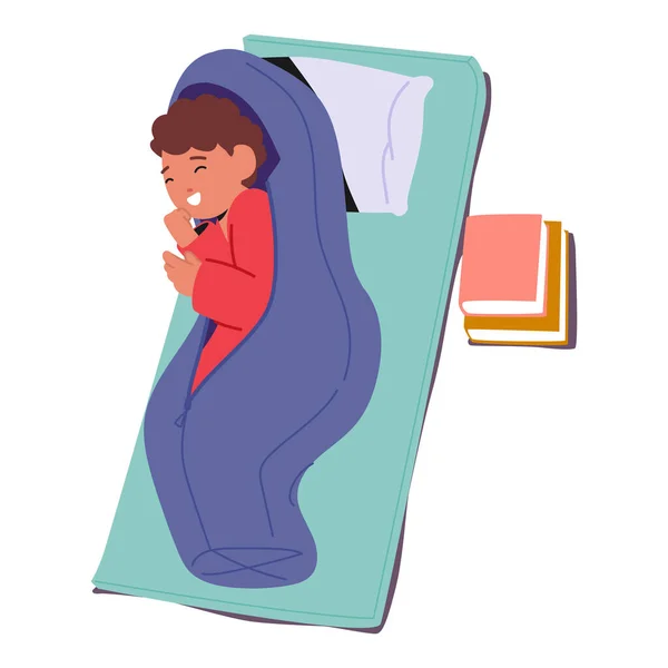 在小学的午睡场景中 一个安静的男孩儿睡在一个有书的小床上 梦想着在平静中度过这一天 卡通人物矢量图解 — 图库矢量图片