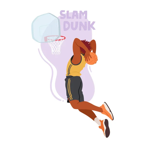 篮球运动员的男性角色在空气中飞翔 肌肉紧张 当他执行一个强大的大满贯灌篮 抓住运动的本质和在球场上的优势 卡通矢量图解 — 图库矢量图片