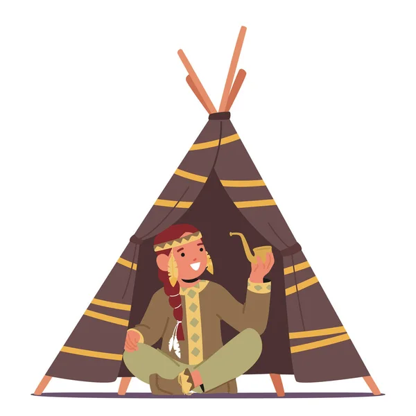 若いネイティブアメリカンのチーフキャラクター 活気のある部族のパターンで着用 羽毛のヘッドドレスとミシン ウィグワムで誇らしげに座って 喫煙パイプ ベクター イラスト — ストックベクタ
