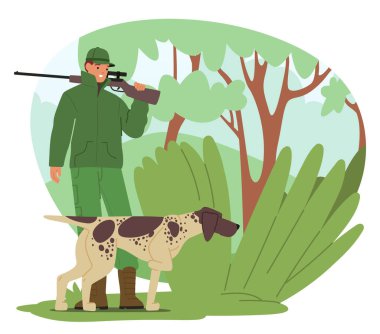 Yetenekli Avcı, sadık bir köpek eşliğinde vahşi doğada yürüyor. Bağlantıları çok açık, yakalanması zor avların peşindeki yoldaşlar arasında sessiz bir anlaşma. Çizgi film İnsanları Vektör İllüstrasyonu