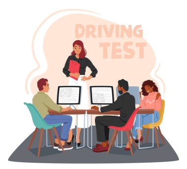 Sıkı bir eğitimden sonra, karakterler sürüş sınavlarını başarıyla geçerek, yetenekli manevraları ve trafik kurallarını ve yönetmelikleri anlayışla karşıladılar. Vektör İllüstrasyonu