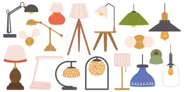 Asma, Döşeme ve Masa Lambaları ve Abajur Abajurları Beyaz Arkaplanda İzole Edilmiş. Modern Ampullü Avizeler, Gölgeli Lambalar. Ev, Oda ya da Stüdyo Dekor. Çizgi film Vektör İllüstrasyonu